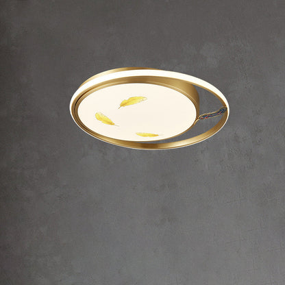 Traditional Chinese Round Feathers Magpie Lotus Fan Acrylic Copper LED Flush Mount Ceiling Light For Bedroom