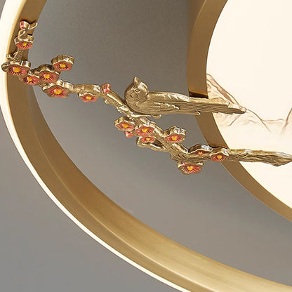 Traditional Chinese Round Feathers Magpie Lotus Fan Acrylic Copper LED Flush Mount Ceiling Light For Bedroom