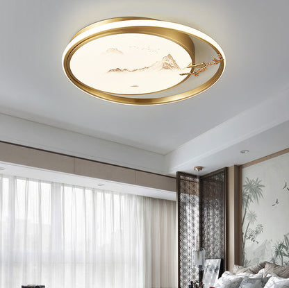 Traditional Chinese Round Feathers Magpie Lotus Fan Acrylic Copper LED Flush Mount Ceiling Light For Bedroom