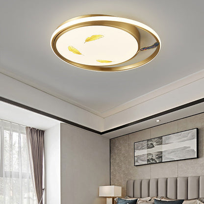 Traditional Chinese Round Feathers Magpie Lotus Fan Acrylic Copper LED Flush Mount Ceiling Light For Bedroom