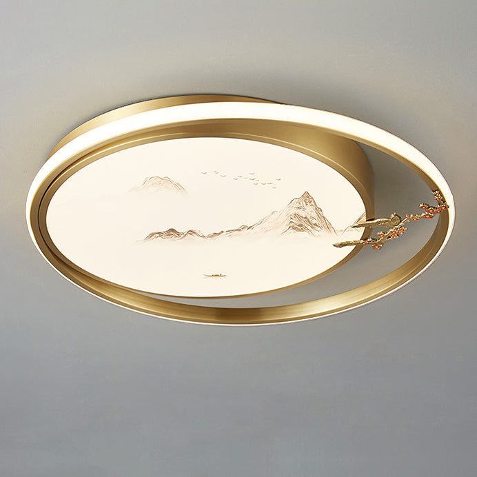 Traditional Chinese Round Feathers Magpie Lotus Fan Acrylic Copper LED Flush Mount Ceiling Light For Bedroom