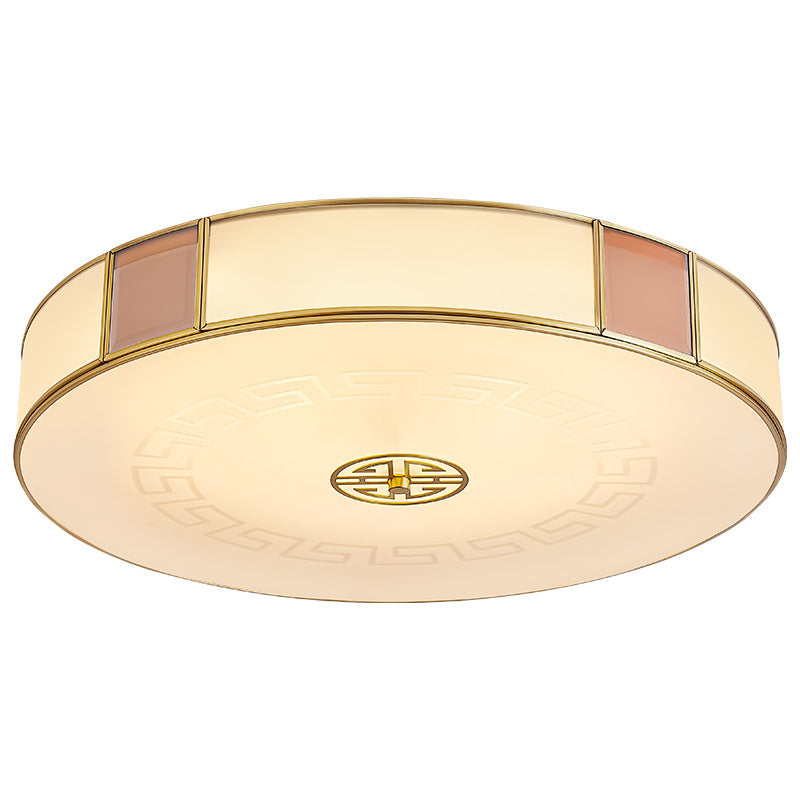 Traditional Chinese Round Glass Iron Copper LED Flush Mount Ceiling Light For Bedroom