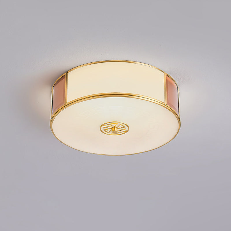 Traditional Chinese Round Glass Iron Copper LED Flush Mount Ceiling Light For Bedroom