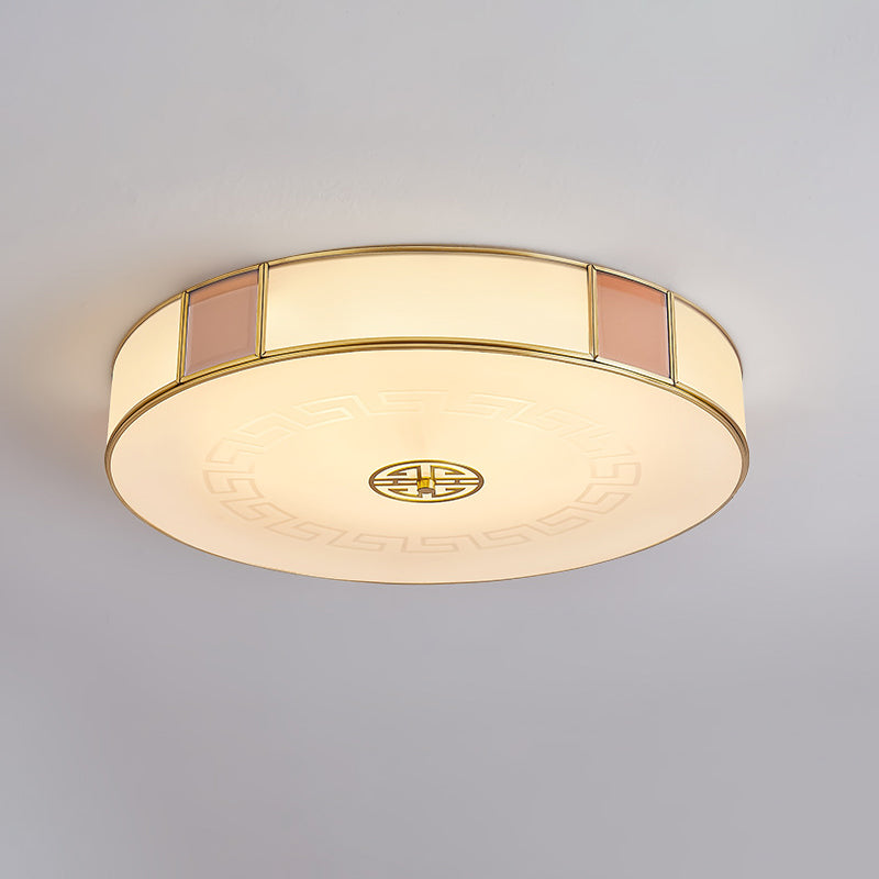 Traditional Chinese Round Glass Iron Copper LED Flush Mount Ceiling Light For Bedroom