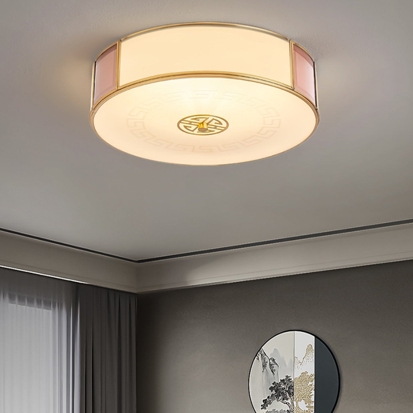 Traditional Chinese Round Glass Iron Copper LED Flush Mount Ceiling Light For Bedroom