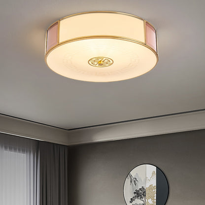 Traditional Chinese Round Glass Iron Copper LED Flush Mount Ceiling Light For Bedroom