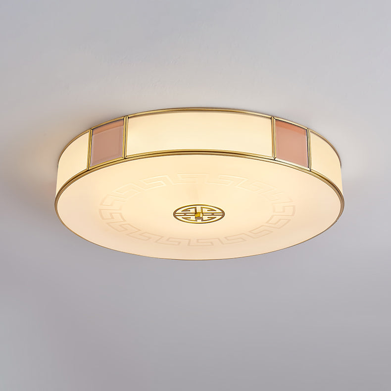 Traditional Chinese Round Glass Iron Copper LED Flush Mount Ceiling Light For Bedroom