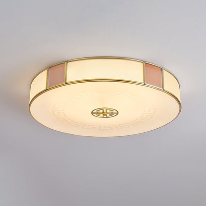 Traditional Chinese Round Glass Iron Copper LED Flush Mount Ceiling Light For Bedroom