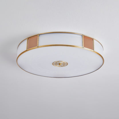 Traditional Chinese Round Glass Iron Copper LED Flush Mount Ceiling Light For Bedroom