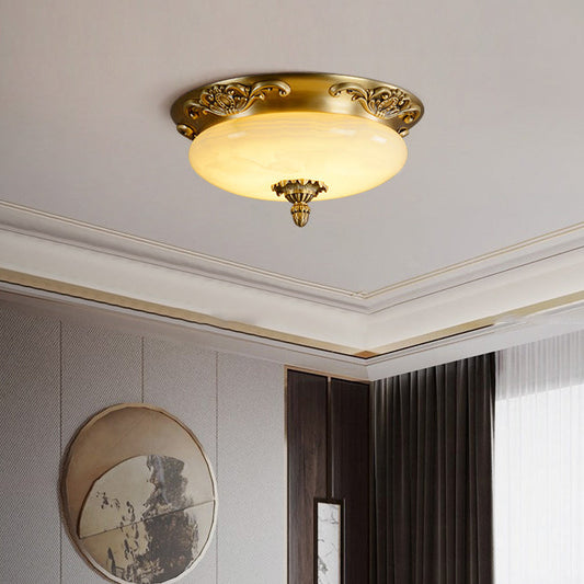 Traditional European Oval Carved Jade Copper LED Flush Mount Ceiling Light For Bedroom