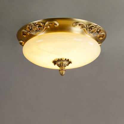 Traditional European Oval Carved Jade Copper LED Flush Mount Ceiling Light For Bedroom