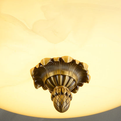 Traditional European Oval Carved Jade Copper LED Flush Mount Ceiling Light For Bedroom