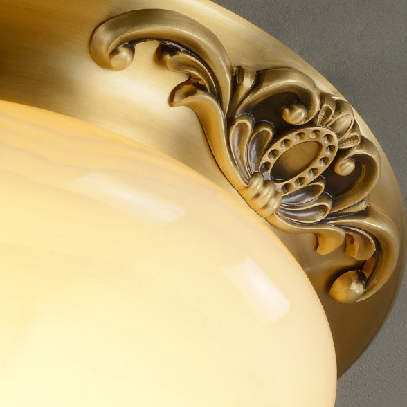Traditional European Oval Carved Jade Copper LED Flush Mount Ceiling Light For Bedroom