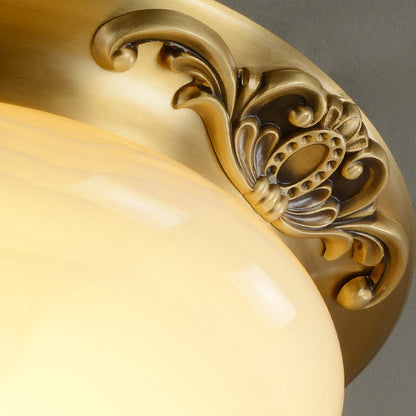 Traditional European Oval Carved Jade Copper LED Flush Mount Ceiling Light For Bedroom