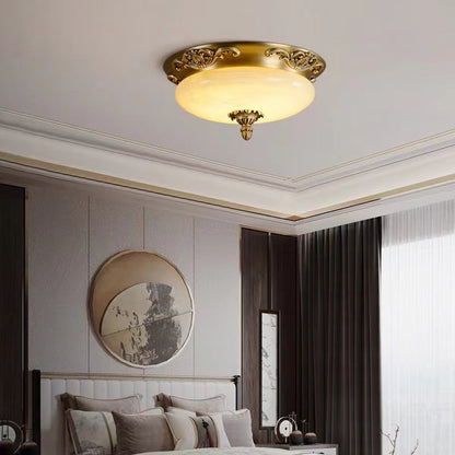 Traditional European Oval Carved Jade Copper LED Flush Mount Ceiling Light For Bedroom