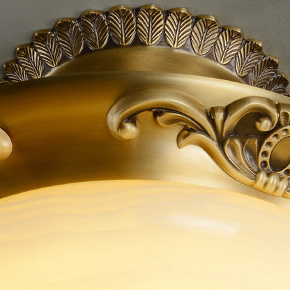 Traditional European Oval Carved Copper Jade LED Semi-Flush Mount Ceiling Light For Living Room