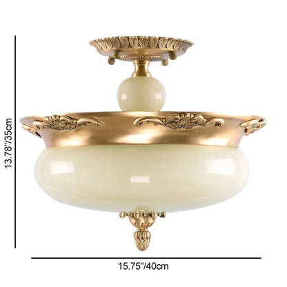 Traditional European Oval Carved Copper Jade LED Semi-Flush Mount Ceiling Light For Living Room