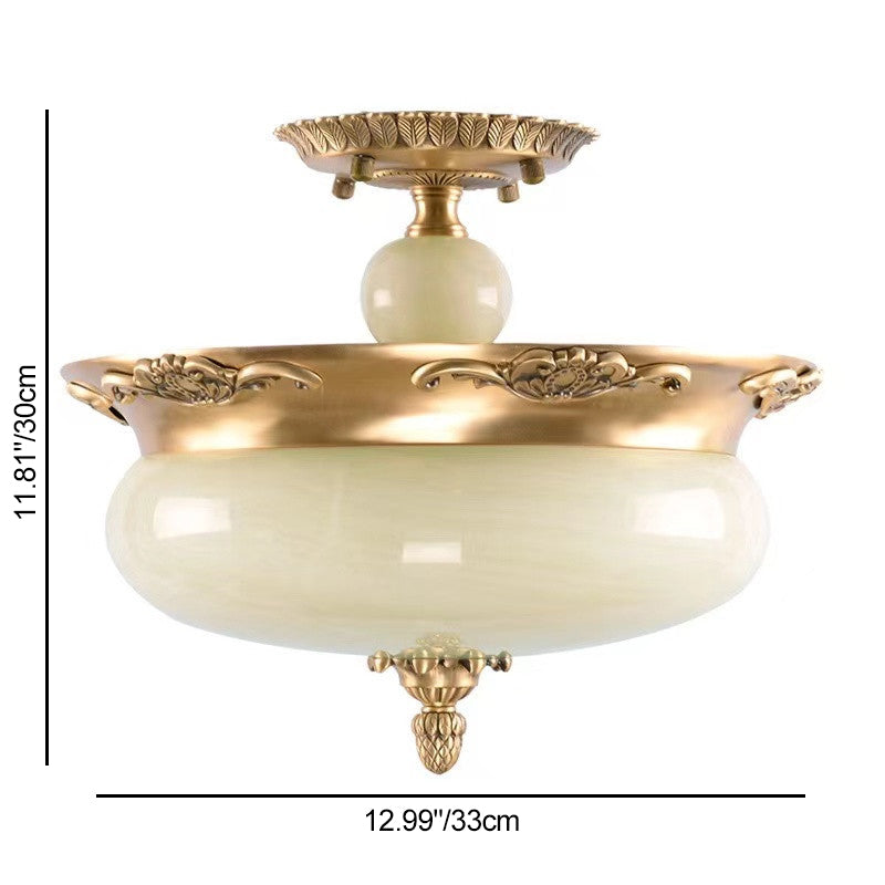Traditional European Oval Carved Copper Jade LED Semi-Flush Mount Ceiling Light For Living Room