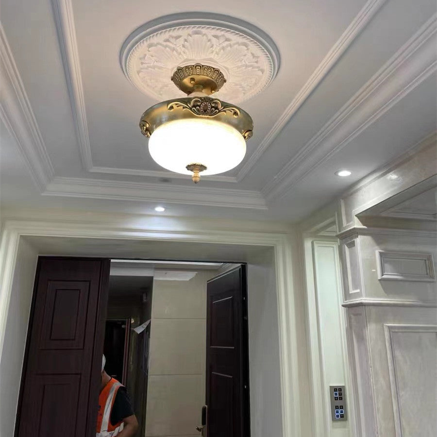 Traditional European Oval Carved Copper Jade LED Semi-Flush Mount Ceiling Light For Living Room