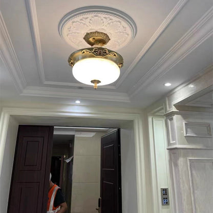 Traditional European Oval Carved Copper Jade LED Semi-Flush Mount Ceiling Light For Living Room