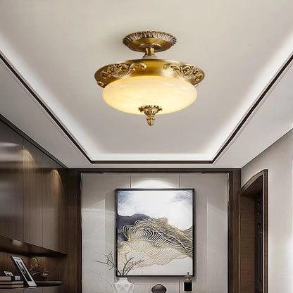 Traditional European Oval Carved Copper Jade LED Semi-Flush Mount Ceiling Light For Living Room