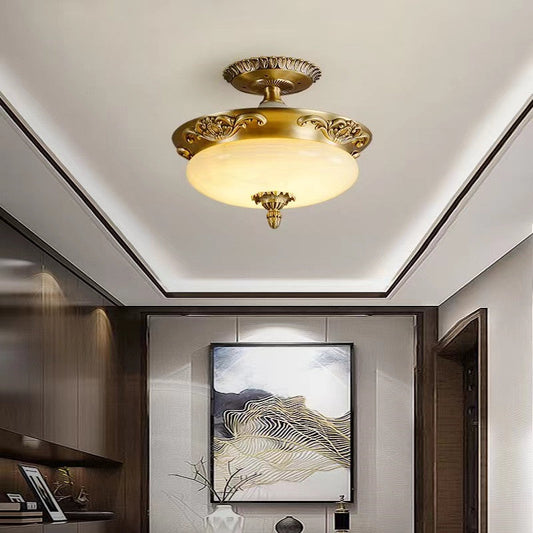 Traditional European Oval Carved Copper Jade LED Semi-Flush Mount Ceiling Light For Living Room