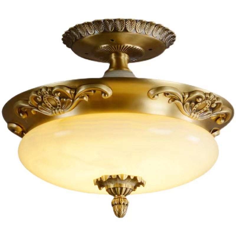 Traditional European Oval Carved Copper Jade LED Semi-Flush Mount Ceiling Light For Living Room