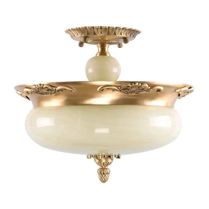 Traditional European Oval Carved Copper Jade LED Semi-Flush Mount Ceiling Light For Living Room
