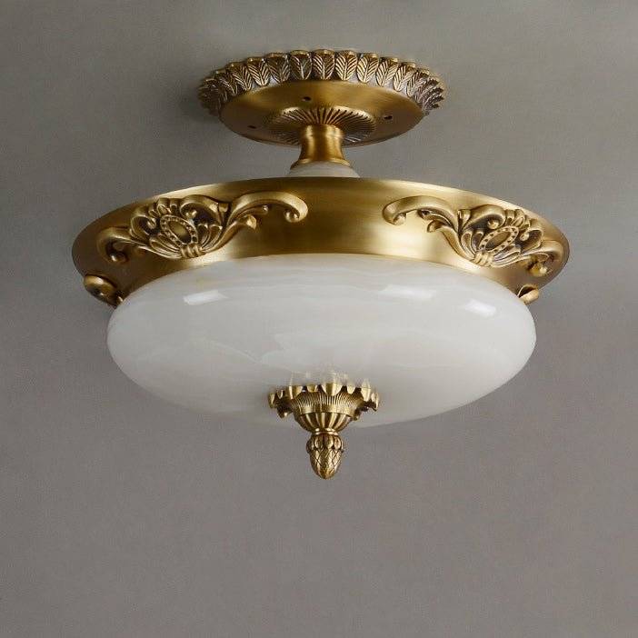 Traditional European Oval Carved Copper Jade LED Semi-Flush Mount Ceiling Light For Living Room