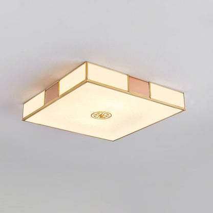 Traditional Chinese Square Lattice Glass Iron Copper LED Flush Mount Ceiling Light For Bedroom