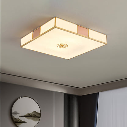 Traditional Chinese Square Lattice Glass Iron Copper LED Flush Mount Ceiling Light For Bedroom