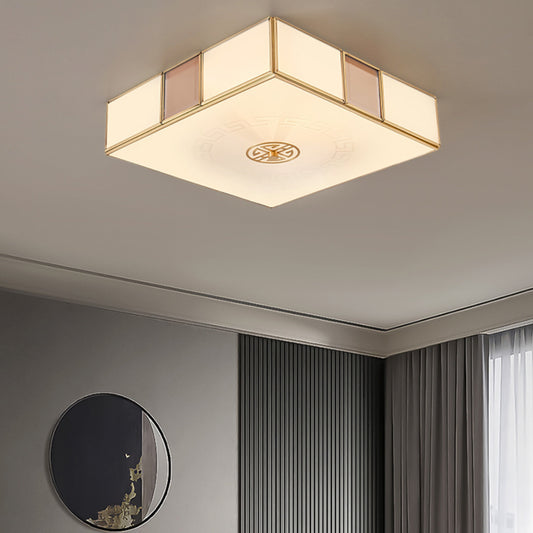 Traditional Chinese Square Lattice Glass Iron Copper LED Flush Mount Ceiling Light For Bedroom