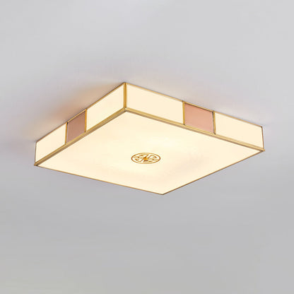 Traditional Chinese Square Lattice Glass Iron Copper LED Flush Mount Ceiling Light For Bedroom