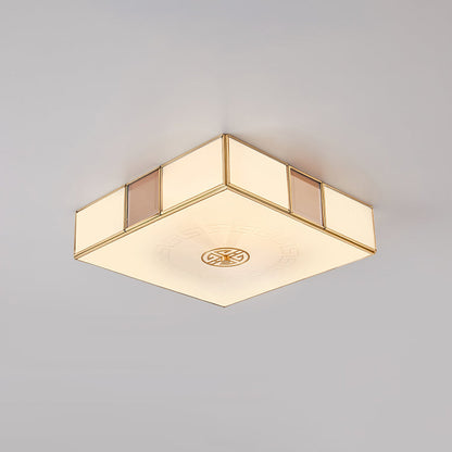 Traditional Chinese Square Lattice Glass Iron Copper LED Flush Mount Ceiling Light For Bedroom