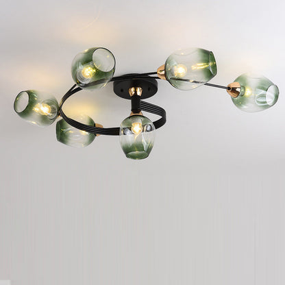 Contemporary Nordic Dome Gradient Iron Glass Lampshade 4/6 - Light Semi-Flush Mount Ceiling Light For Living Room