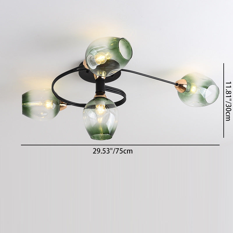 Contemporary Nordic Dome Gradient Iron Glass Lampshade 4/6 - Light Semi-Flush Mount Ceiling Light For Living Room