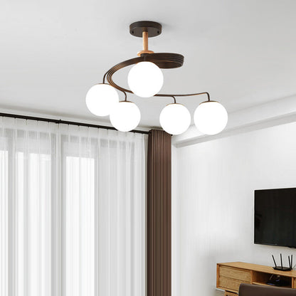 Contemporary Nordic Dome Orbs Curved Distortion Iron Solid Wood Glass 3/5 - Light Chandelier For Dining Room