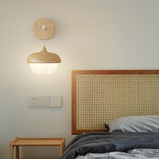Traditional Japanese Bud Rubber Wood PE LED Wall Sconce Lamp For Bedroom