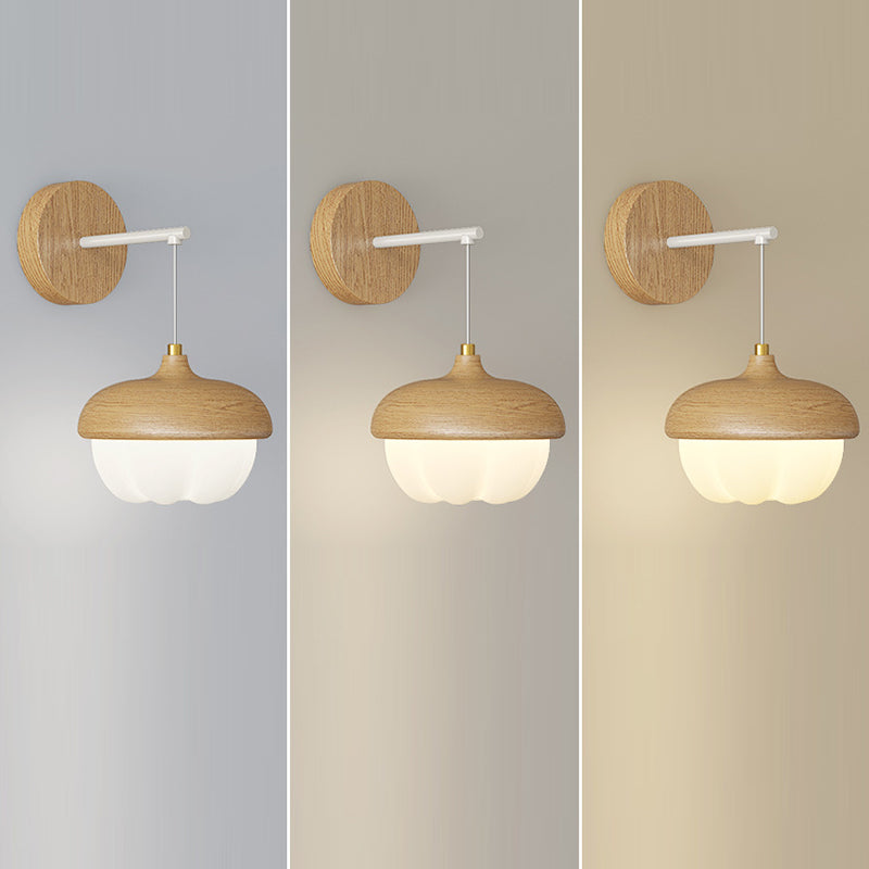 Traditional Japanese Bud Rubber Wood PE LED Wall Sconce Lamp For Bedroom
