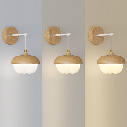 Traditional Japanese Bud Rubber Wood PE LED Wall Sconce Lamp For Bedroom