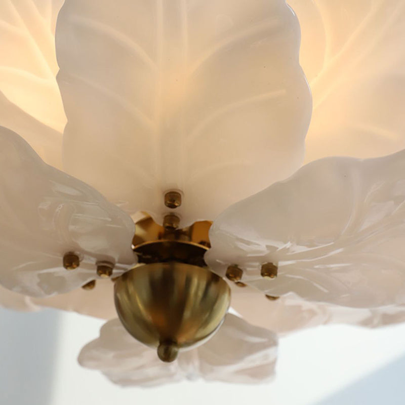 Traditional French Dome Leaves Shape Iron Glass 5 - Light Chandelier For Living Room
