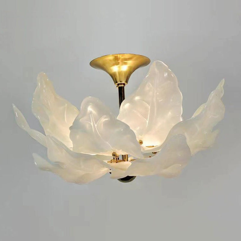 Traditional French Dome Leaves Shape Iron Glass 5 - Light Chandelier For Living Room