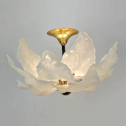 Traditional French Dome Leaves Shape Iron Glass 5 - Light Chandelier For Living Room
