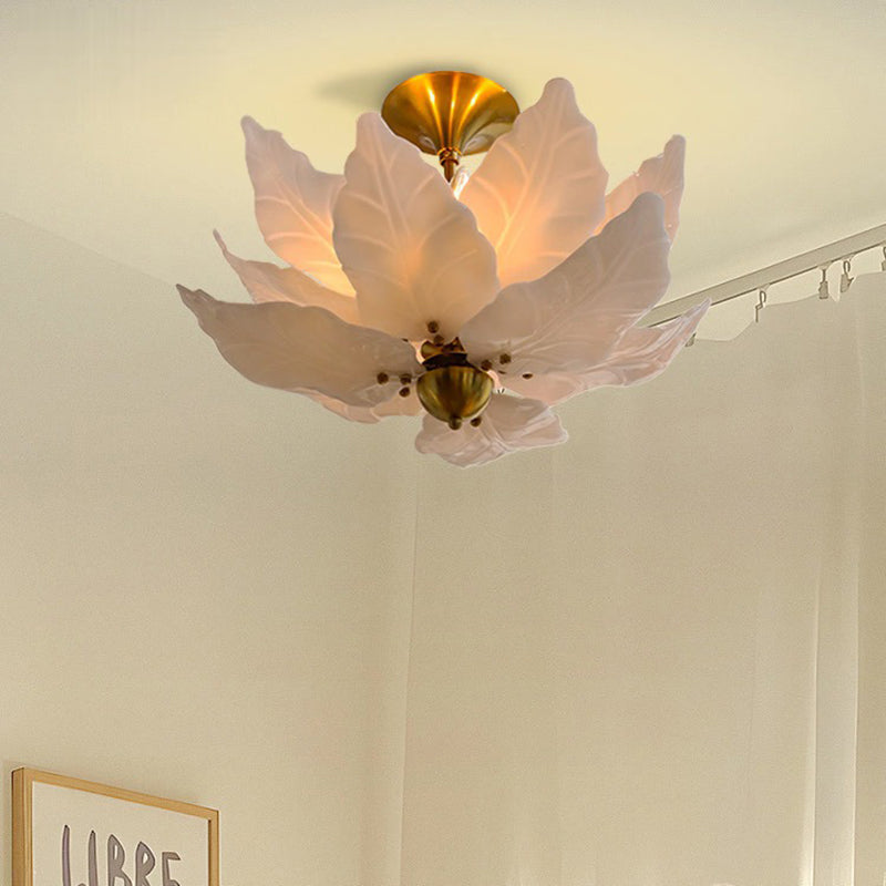 Traditional French Dome Leaves Shape Iron Glass 5 - Light Chandelier For Living Room