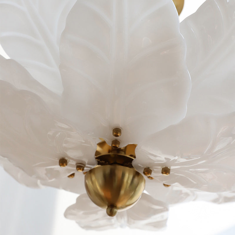 Traditional French Dome Leaves Shape Iron Glass 5 - Light Chandelier For Living Room