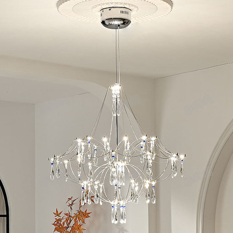 Traditional French Dome Branch Water Drop Crystal Stainless Steel Hardware LED Chandeliers For Living Room