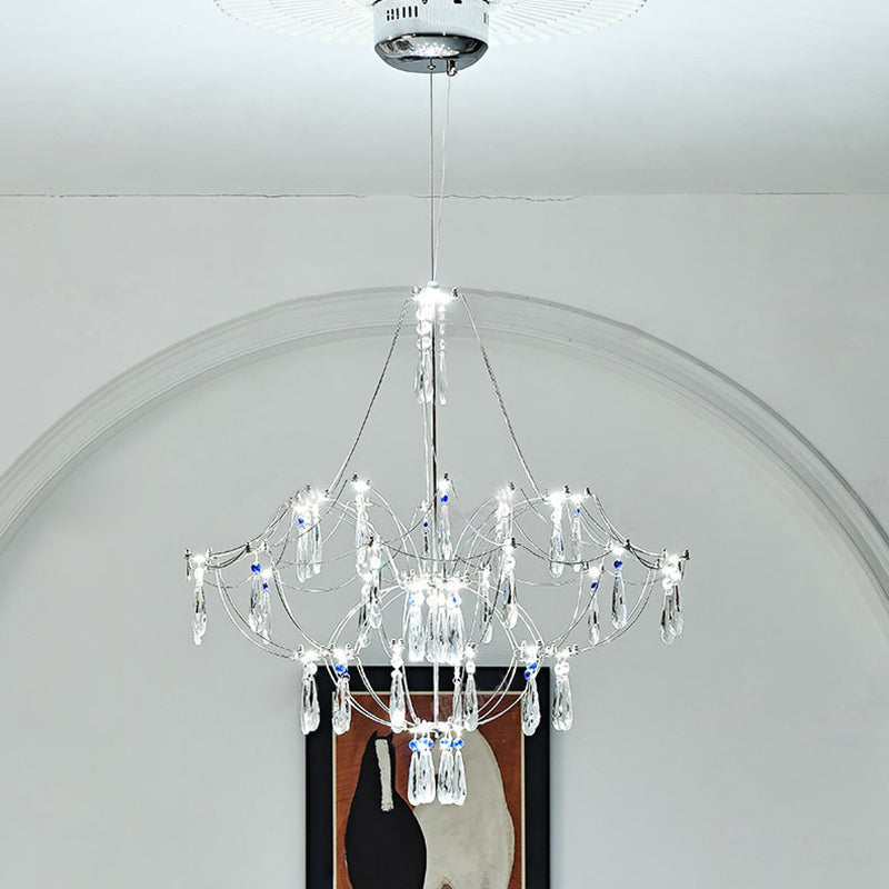 Traditional French Dome Branch Water Drop Crystal Stainless Steel Hardware LED Chandeliers For Living Room