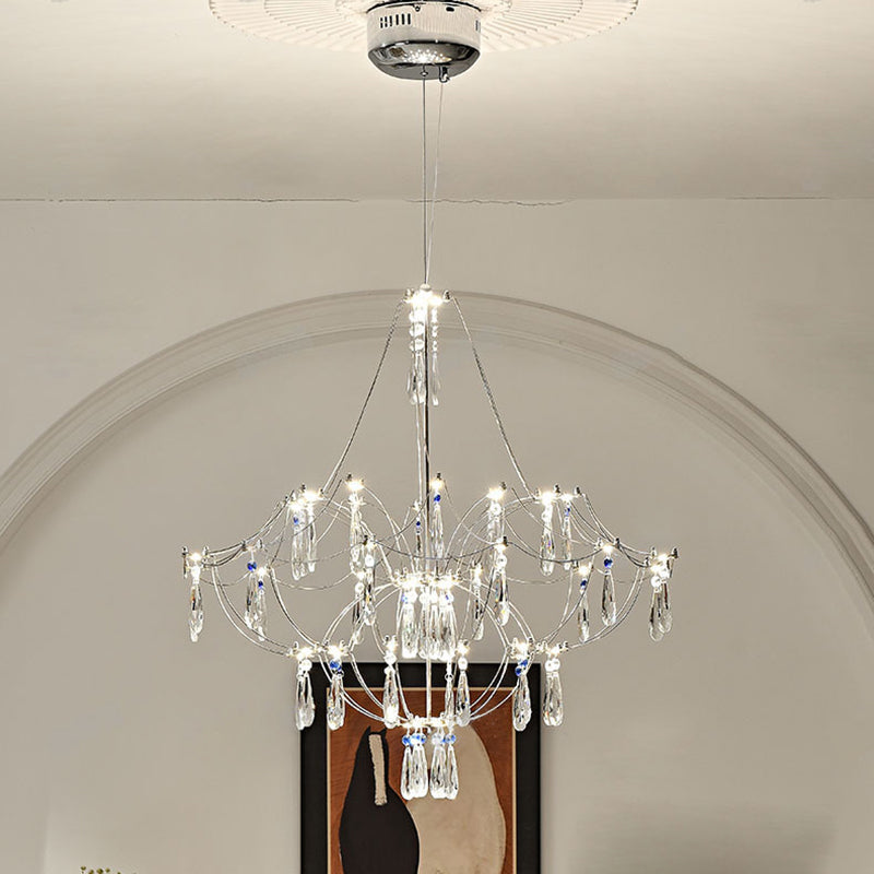 Traditional French Dome Branch Water Drop Crystal Stainless Steel Hardware LED Chandeliers For Living Room