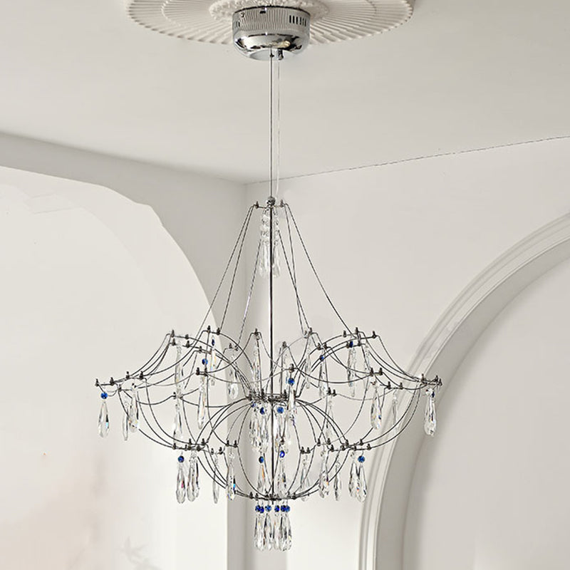 Traditional French Dome Branch Water Drop Crystal Stainless Steel Hardware LED Chandeliers For Living Room