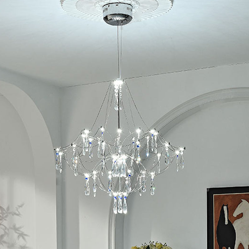 Traditional French Dome Branch Water Drop Crystal Stainless Steel Hardware LED Chandeliers For Living Room
